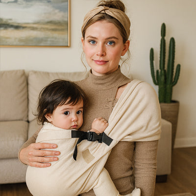 maman avec bébé dans écharpe de portage beige rangement