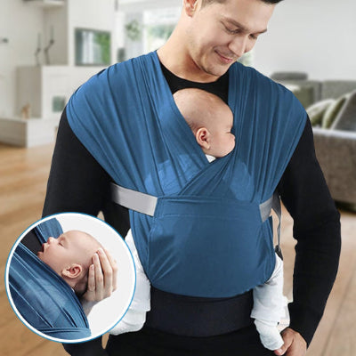 écharpe de portage bleu - papa avec bébé