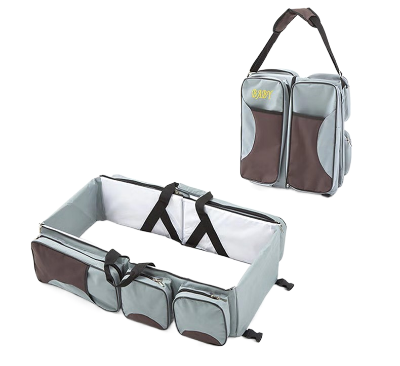 lit de voyage pour bébé - berceau et babybag gris et café