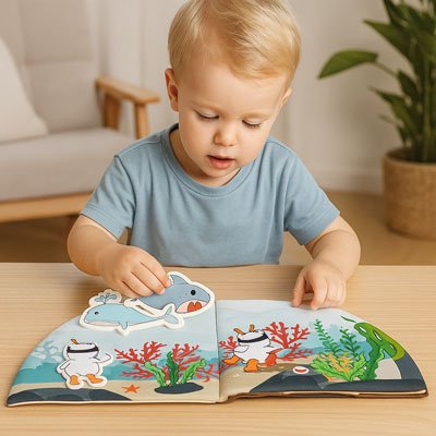 livre bébé en tissu - sensoriel - animaux marines