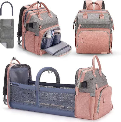 sac a langer - gris et rose avec berceau pliable- babybag 5 en 1