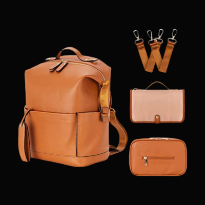 sac à  langer en cuir marron - sac à dos pour maman