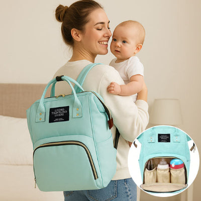 sac a langer vert clair - maman avec bebe et biberons